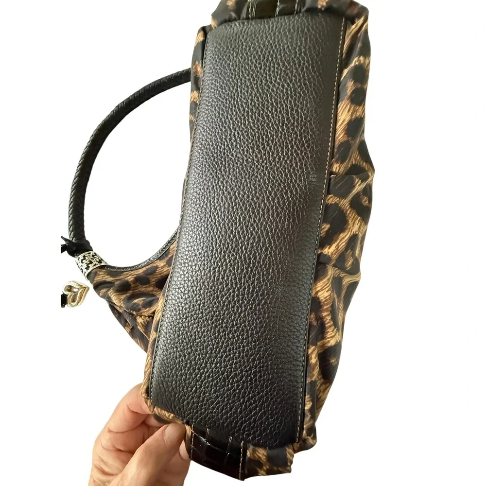 VTG Brighton Leopard Print Nylon Hobo Bag Braided Leather Handle Silver Y2K